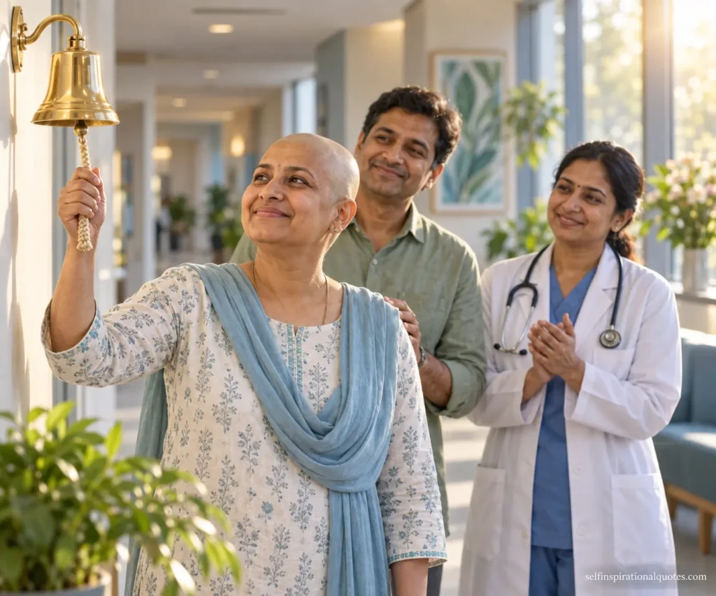 Indian cancer patient ringing an end-of-treatment bell with family and a healthcare professional nearby