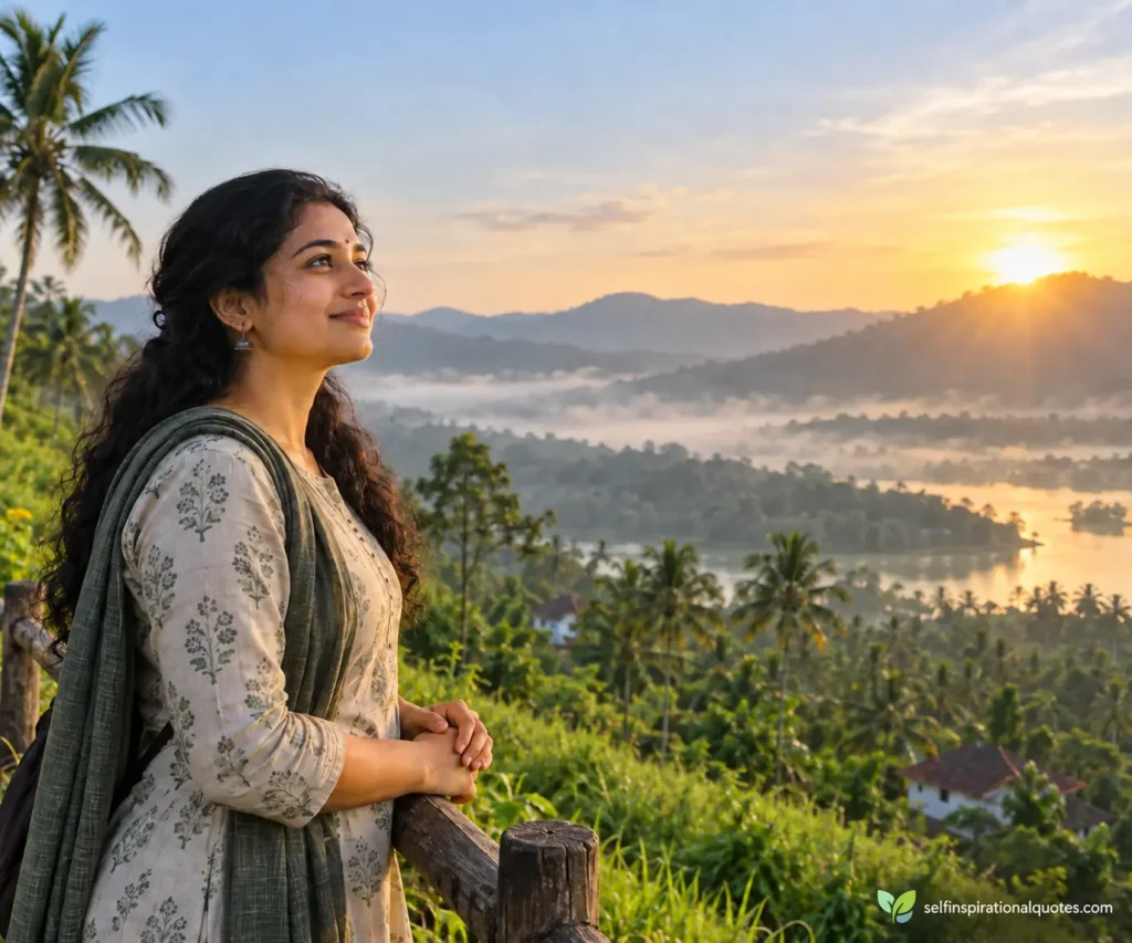 Young Kerala woman enjoying a peaceful sunrise while reflecting on positive life quotes in Malayalam.
